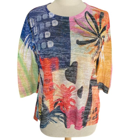 Jess & Jane Burnout Artsy Shirt Abstract Colorful Floral Lagenlook Maximalism-M - Picture 12 of 12